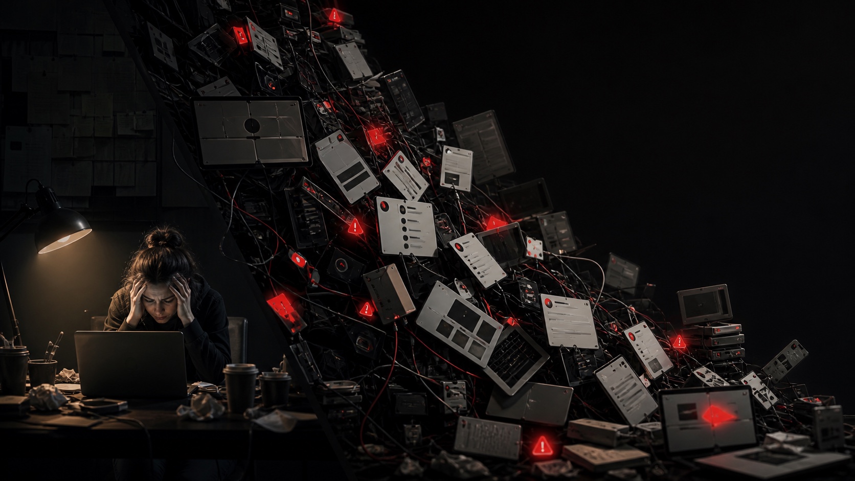 Tension-first thumbnail with an overwhelmed founder facing a wall of software tools