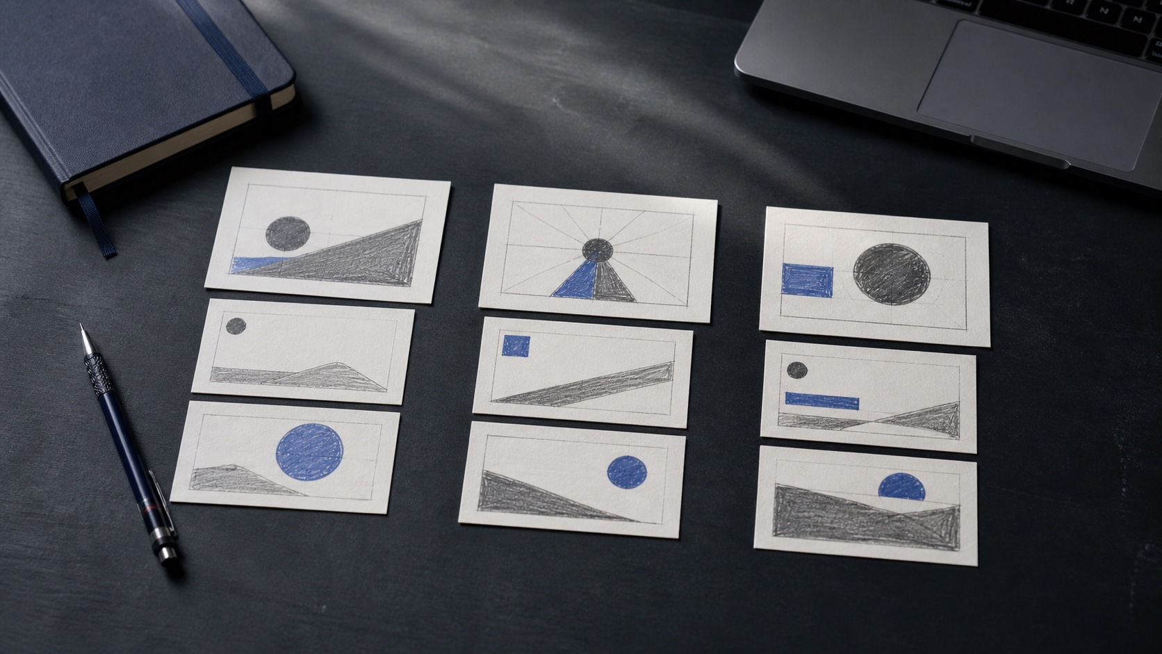 Hand-drawn thumbnail direction cards arranged into three columns on a dark creator desk